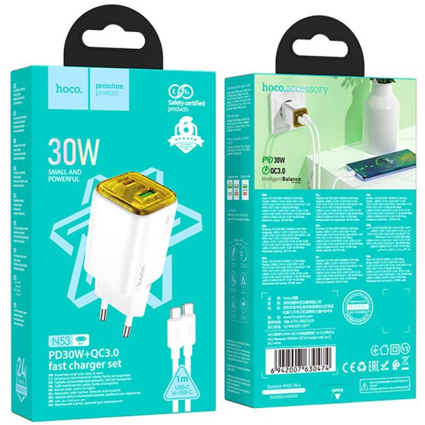 Зарядний пристрій Hoco N53 Monsoon PD30W+QC3.0 (1USB-A/1C) + Type-C to Type-C - Зображення 4