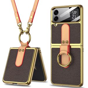Шкіряний чохол для Samsung Galaxy Z Flip4 Коричневий GKK with ring and strap