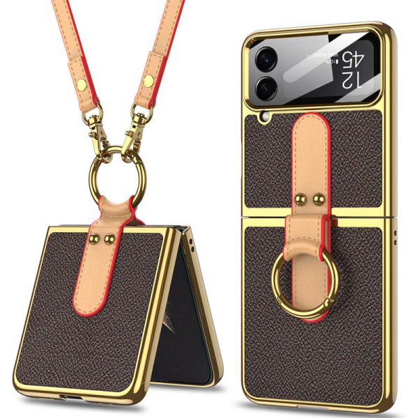 Шкіряний чохол для Samsung Galaxy Z Flip4 Коричневий GKK with ring and strap