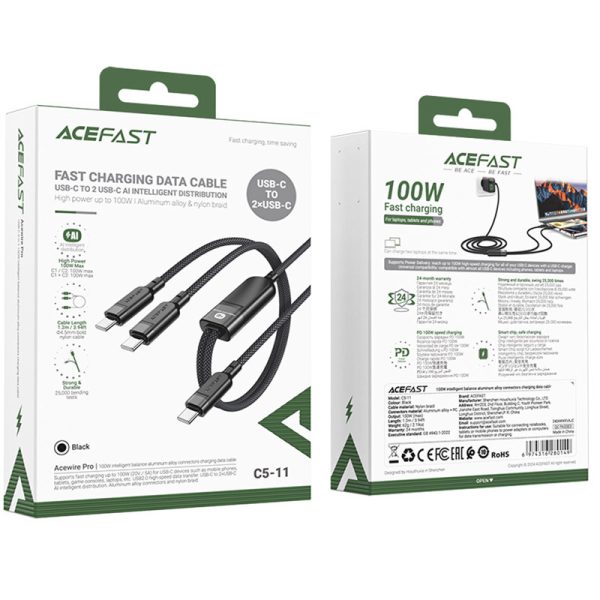 Дата кабель Acefast C5-11 USB-C to 2xUSB-C 100W (1.2m) - Зображення 2