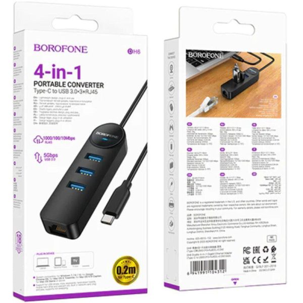 USB хаб Borofone DH6 Erudite 4in1 Gigabit Ethernet (Type-C to USB3.0*3+RJ45) - Зображення 6