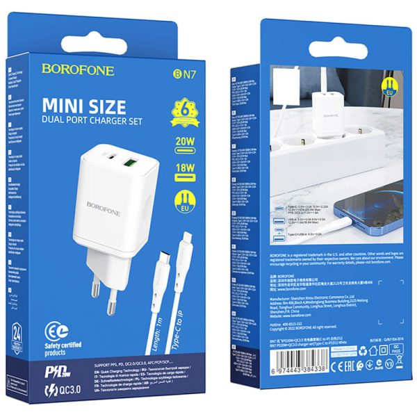 Зарядний пристрій Borofone BN7 PD20W+QC3.0 (1USB-A/1C) + Type-C to Lightning - Зображення 6