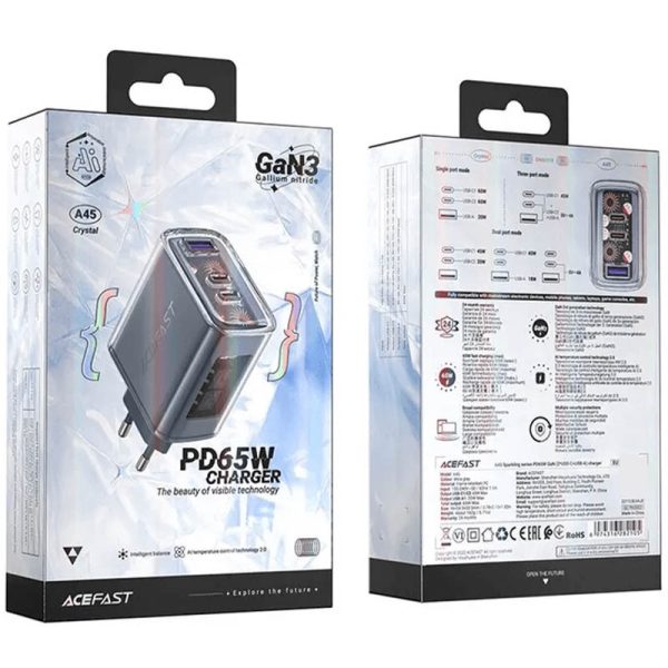 Зарядний пристрій Acefast A45 Exploration series PD65W GaN (2*USB-C+USB-A) - Зображення 4