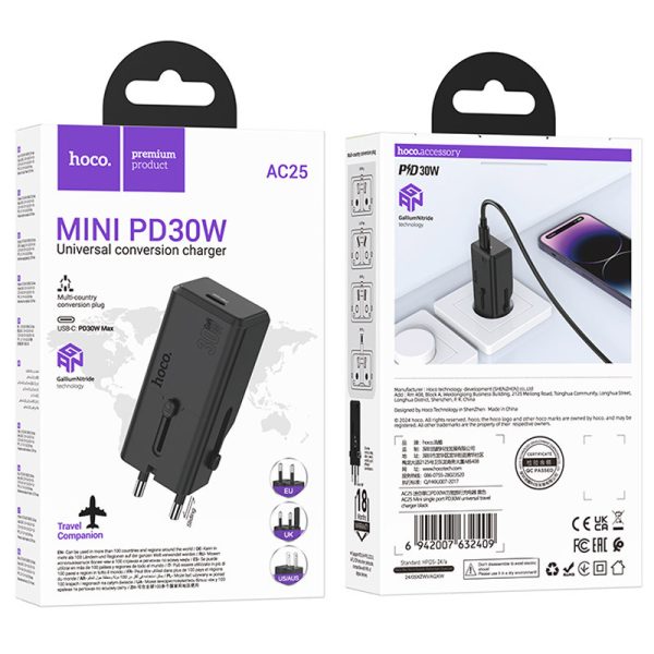 Зарядний пристрій Hoco AC25 Mini PD30W (1USB-C) universal travel charger - Зображення 6