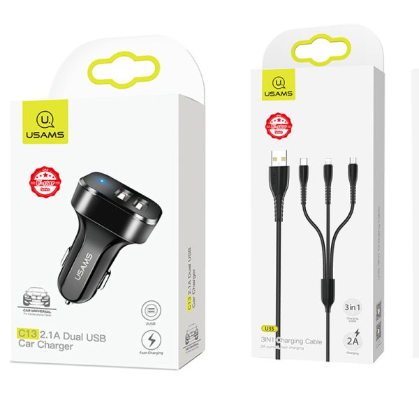 АЗП Usams C13 2.1A Dual USB + U35 3IN1 Charging Cable (1m) - Зображення 6