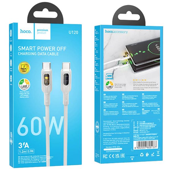 Дата кабель Hoco U120 Прозорий explore intelligent power-off PD 60W Type-C to Type-C (1.2m) Сірий - Зображення 5