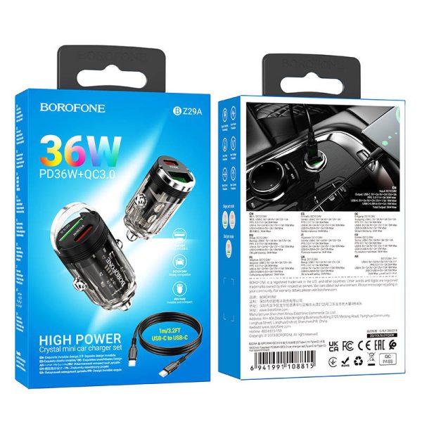 АЗП Borofone BZ29A Talented PD36W+QC3.0 (1USB-A/1C) + кабель Type-C to Type-C Чорний - Зображення 6