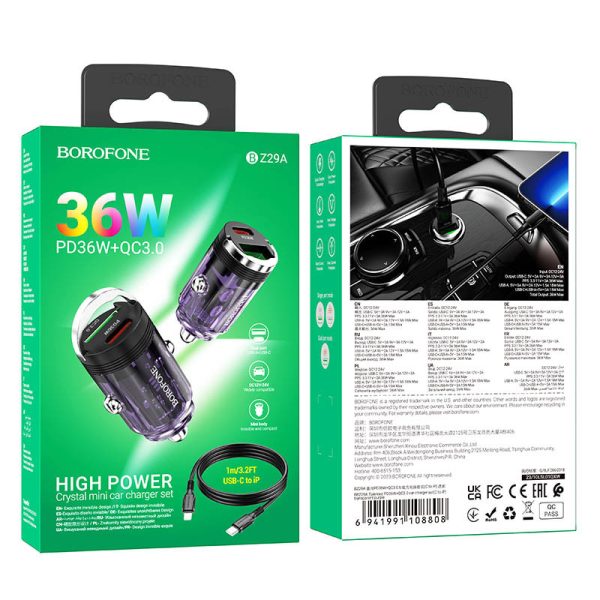 АЗП Borofone BZ29A Talented PD36W+QC3.0 (1USB-A/1C) + кабель Type-C to Lightning Фіолетовий - Зображення 4