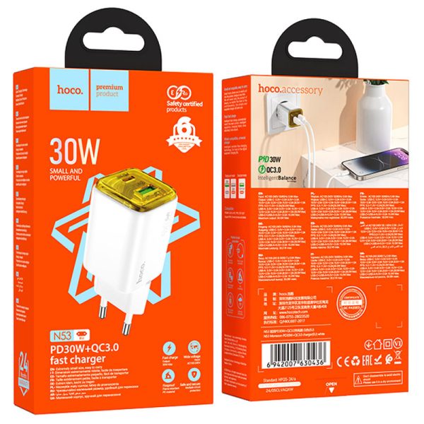 Зарядний пристрій Hoco N53 Monsoon PD30W+QC3.0 (1USB-A/1C) Білий - Зображення 3
