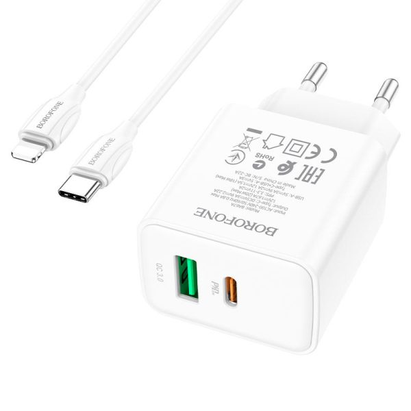 Зарядний пристрій Borofone BA67A PD20W+QC3.0 (1USB-A/1C) + кабель Type-C to Lightning Білий - Зображення 3