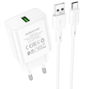 Зарядний пристрій Borofone BA72A Spring QC3.0 (1USB-A) + кабель USB to Type-C Білий