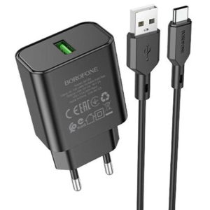 Зарядний пристрій Borofone BA72A Spring QC3.0 (1USB-A) + кабель USB to Type-C Чорний