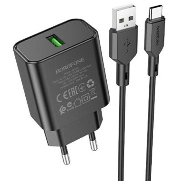Зарядний пристрій Borofone BA72A Spring QC3.0 (1USB-A) + кабель USB to Type-C Чорний