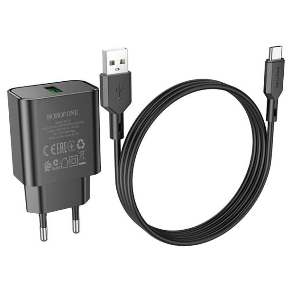 Зарядний пристрій Borofone BA72A Spring QC3.0 (1USB-A) + кабель USB to Type-C Чорний - Зображення 3
