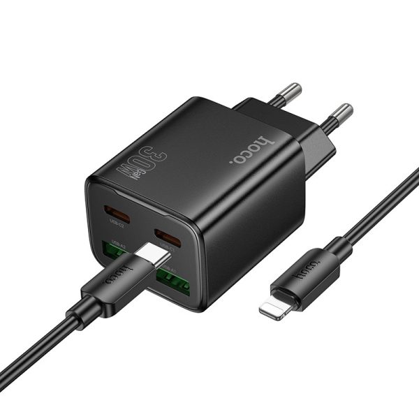 Зарядний пристрій Hoco N56 Fundador PD30W four-port (2USB-A/2C) + кабель Type-C to Lightning Чорний - Зображення 2