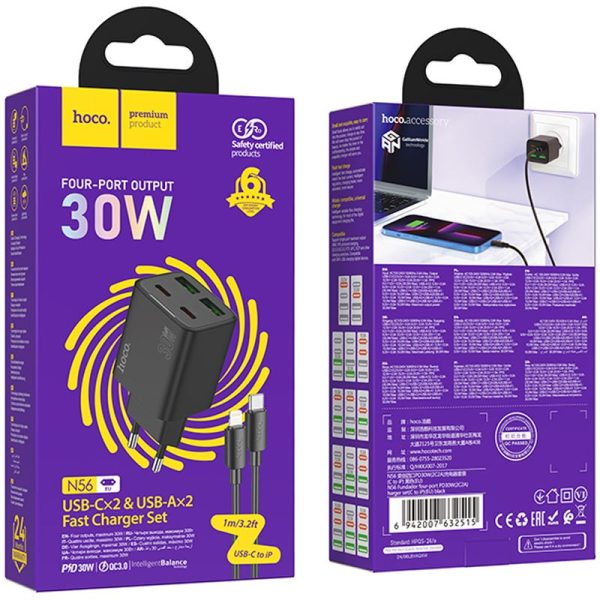 Зарядний пристрій Hoco N56 Fundador PD30W four-port (2USB-A/2C) + кабель Type-C to Lightning Чорний - Зображення 6