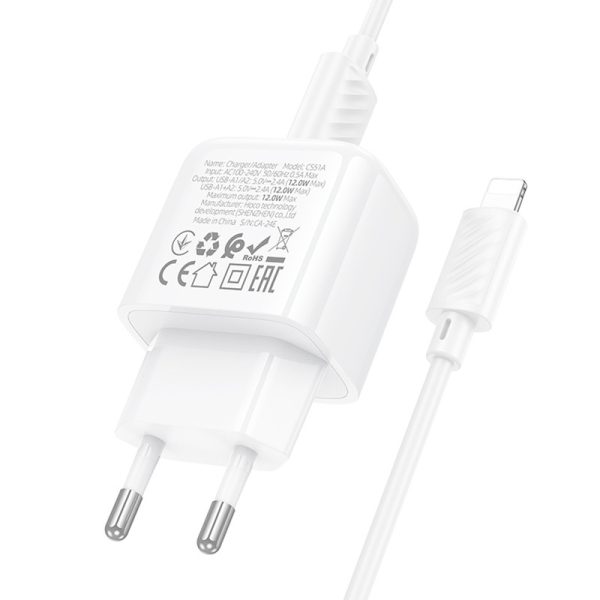 Зарядний пристрій Hoco CS51A Surplus (2USB-A) + кабель USB to Lightning Білий - Зображення 7
