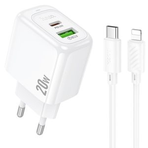 Зарядний пристрій Hoco CS54A Surplus PD20W+QC3.0 (1USB-A/1C) + кабель Type-C to Lightning Білий