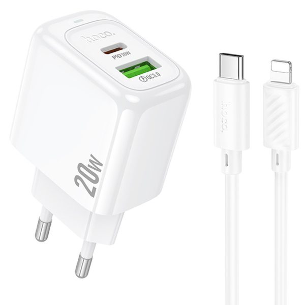 Зарядний пристрій Hoco CS54A Surplus PD20W+QC3.0 (1USB-A/1C) + кабель Type-C to Lightning Білий