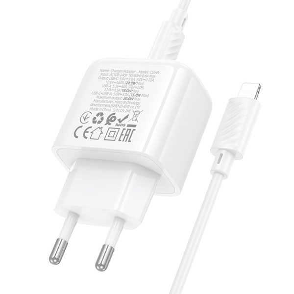 Зарядний пристрій Hoco CS54A Surplus PD20W+QC3.0 (1USB-A/1C) + кабель Type-C to Lightning Білий - Зображення 7