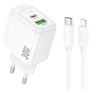 Зарядний пристрій Hoco CS55A Surplus PD30W+QC3.0 (1USB-A/1C) + кабель Type-C to Lightning Білий