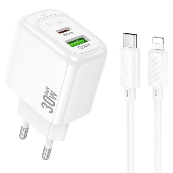 Зарядний пристрій Hoco CS55A Surplus PD30W+QC3.0 (1USB-A/1C) + кабель Type-C to Lightning Білий