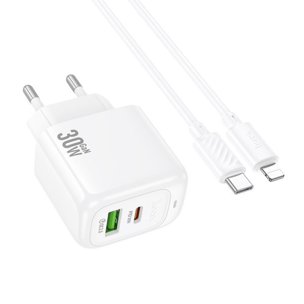 Зарядний пристрій Hoco CS55A Surplus PD30W+QC3.0 (1USB-A/1C) + кабель Type-C to Lightning Білий - Зображення 4