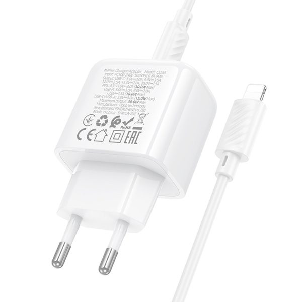 Зарядний пристрій Hoco CS55A Surplus PD30W+QC3.0 (1USB-A/1C) + кабель Type-C to Lightning Білий - Зображення 7