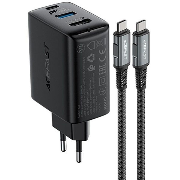 Зарядний пристрій Acefast A17 PD65W GaN (1USB-A/1C/1HDMI) + кабель Type-C to Type-C Чорний