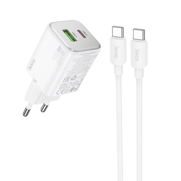 Зарядний пристрій Hoco N41 Almighty PD20W+QC3.0 (1USB-A/1C) + кабель Type-C to Type-C Білий