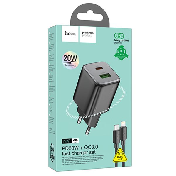 Зарядний пристрій Hoco N41 Almighty PD20W+QC3.0 (1USB-A/1C) + кабель Type-C to Lightning Чорний - Зображення 5