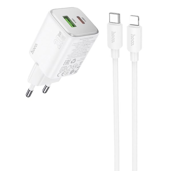 Зарядний пристрій Hoco N41 Almighty PD20W+QC3.0 (1USB-A/1C) + кабель Type-C to Lightning Білий