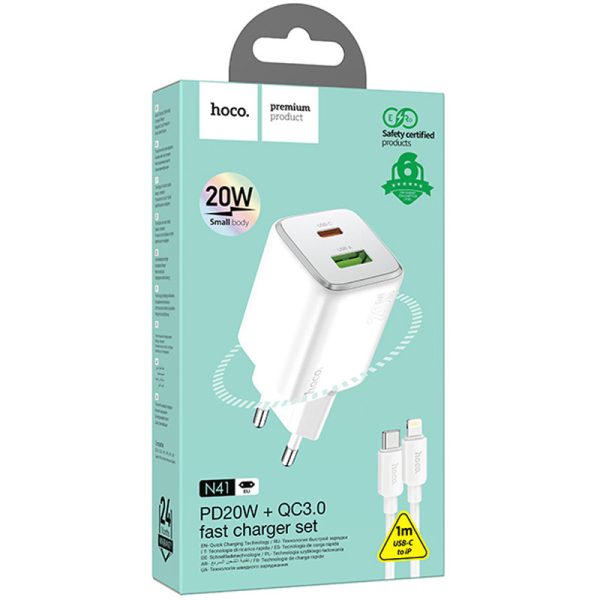 Зарядний пристрій Hoco N41 Almighty PD20W+QC3.0 (1USB-A/1C) + кабель Type-C to Lightning Білий - Зображення 4