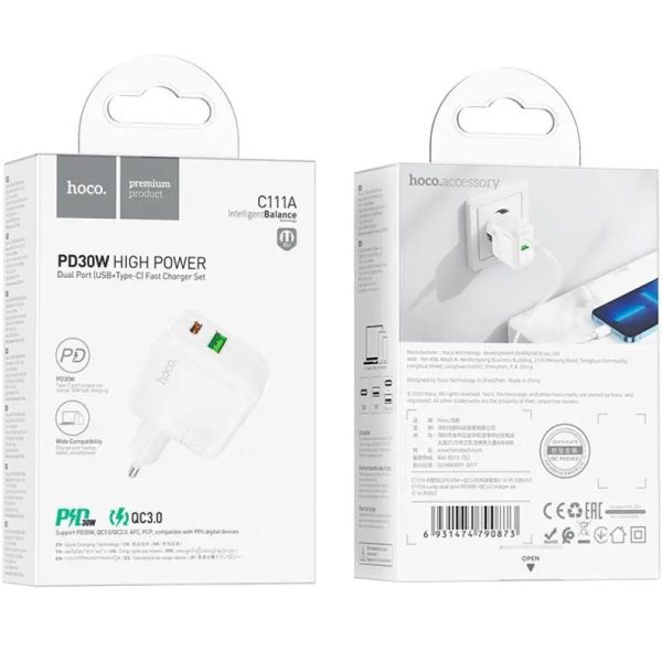 Зарядний пристрій Hoco C111A PD 30W+QC3.0 (1USB-A/1C) Білий - Зображення 4