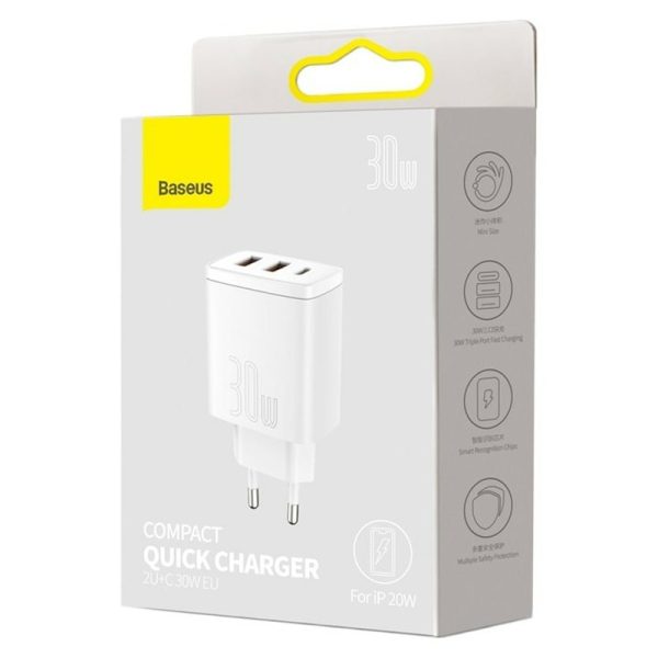Зарядний пристрій Baseus Compact Quick Charger 30W QC+PD (2USB-A/1C) (CCXJ-E) Білий - Зображення 5