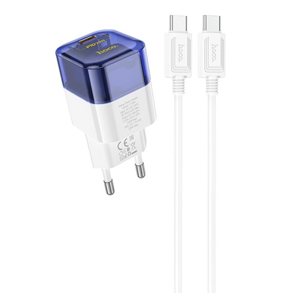 Зарядний пристрій Hoco C125A Прозорий PD20W (1USB-C) + кабель Type-C to Type-C Синій