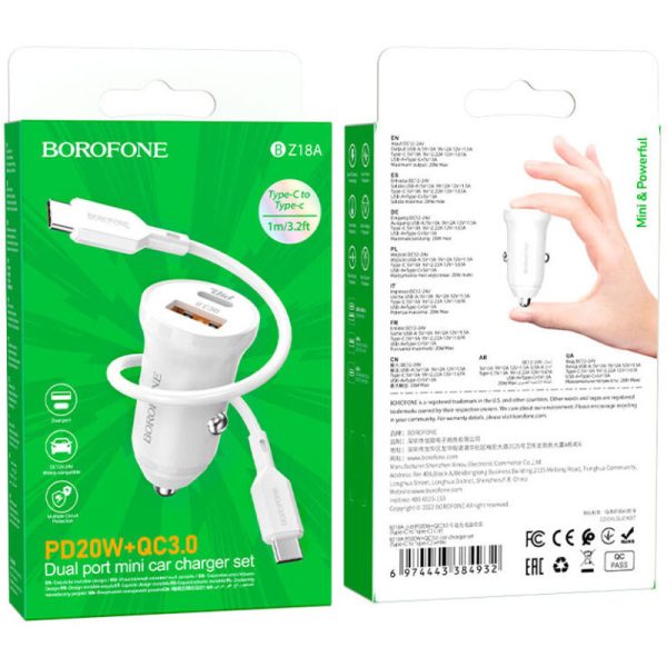 АЗП Borofone BZ18A PD20W+QC3.0 (1USB-A/1C) + кабель Type-C to Type-C Білий - Зображення 4