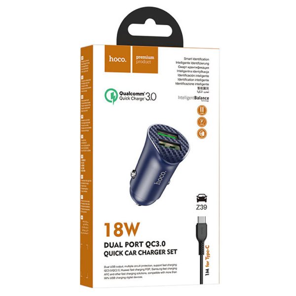 АЗП Hoco Z39 Farsighted QC3.0 18W (2USB-A) + кабель USB to Type-C Синій - Зображення 5