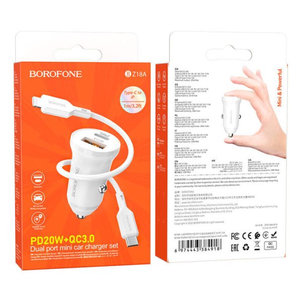 АЗП Borofone BZ18A PD20W+QC3.0 (1USB-A/1C) + кабель Type-C to Lightning Білий - Зображення 4