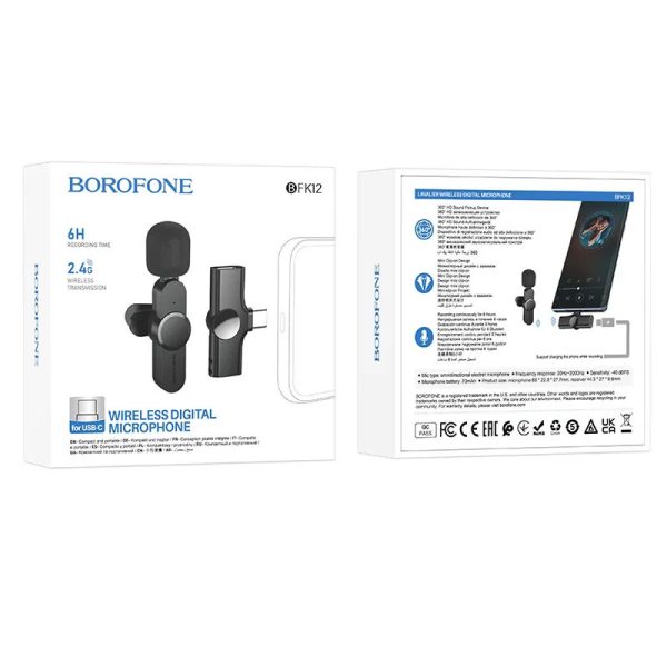 Петличний бездротовий мікрофон Borofone BFK12 Trophy lavalier Lightning/Type-C Чорний - Зображення 7