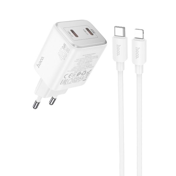 Зарядний пристрій Hoco N42 Elogiado PD45W (2USB-C) + кабель Type-C to Lightning Білий