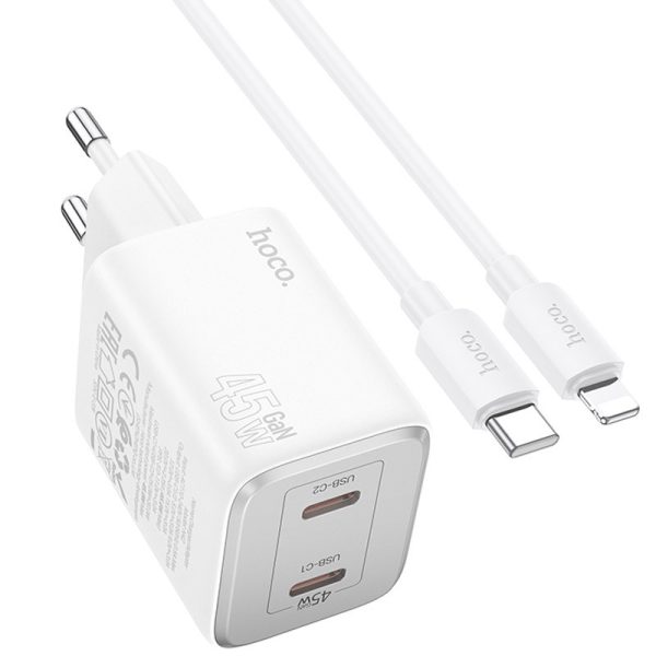 Зарядний пристрій Hoco N42 Elogiado PD45W (2USB-C) + кабель Type-C to Lightning Білий - Зображення 2