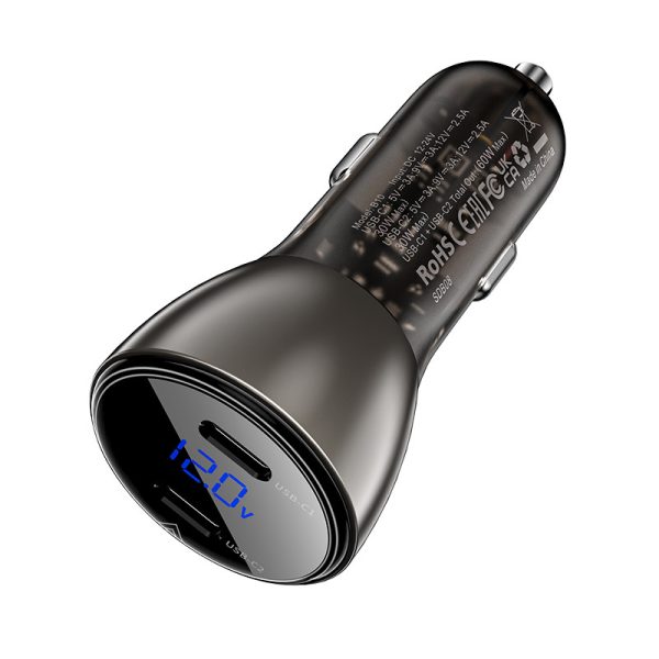 АЗП Acefast B10 metal car charger with digital display 60W (1USB-A/1C) Чорний - Зображення 2