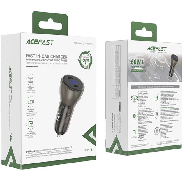 АЗП Acefast B10 metal car charger with digital display 60W (1USB-A/1C) Чорний - Зображення 5