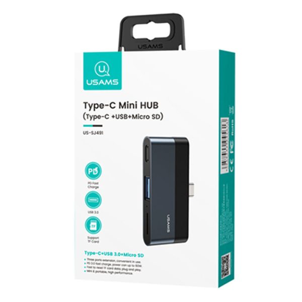 Перехідник HUB Usams US-SJ491 Type-C Mini Hub (Type-C + USB + Micro SD) Темно-сірий - Зображення 6