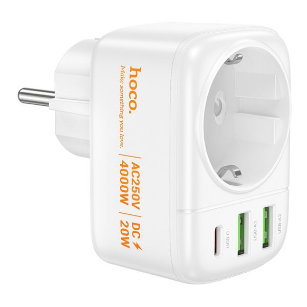 Зарядний пристрій Hoco AC26 Changer Outlet Extender 20W (2USB-A/1C/1Socket) Білий - Зображення 2