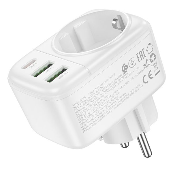 Зарядний пристрій Hoco AC26 Changer Outlet Extender 20W (2USB-A/1C/1Socket) Білий - Зображення 3