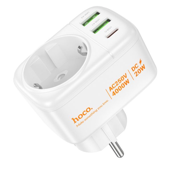 Зарядний пристрій Hoco AC26 Changer Outlet Extender 20W (2USB-A/1C/1Socket) Білий - Зображення 5