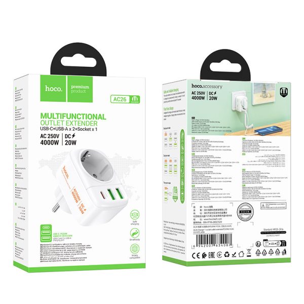 Зарядний пристрій Hoco AC26 Changer Outlet Extender 20W (2USB-A/1C/1Socket) Білий - Зображення 6