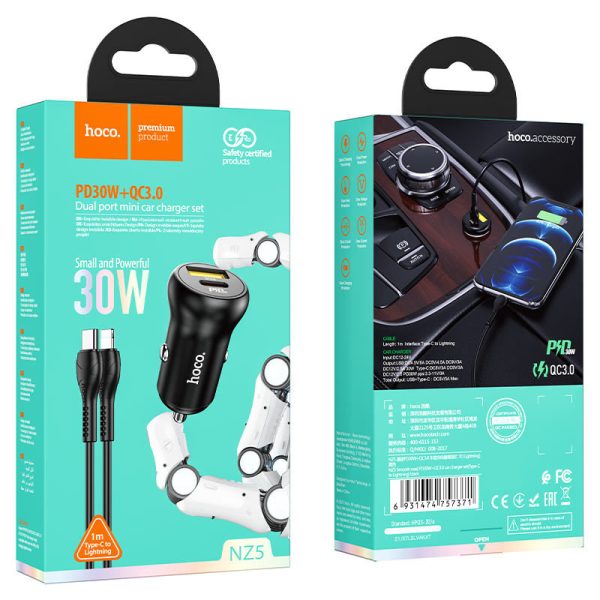 АЗП Hoco NZ5 Smooth road PD30W+QC3.0 (1USB-A/1C) + кабель Type-C to Lightning Чорний - Зображення 6